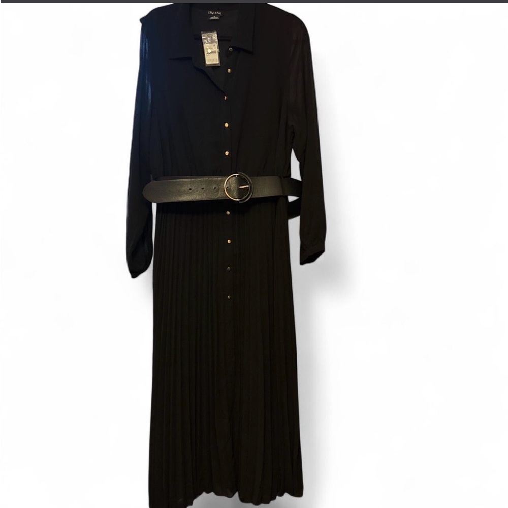 City Chic Black Long-Sleeve Pleated Shirt Dress with Belt size 18 (M)